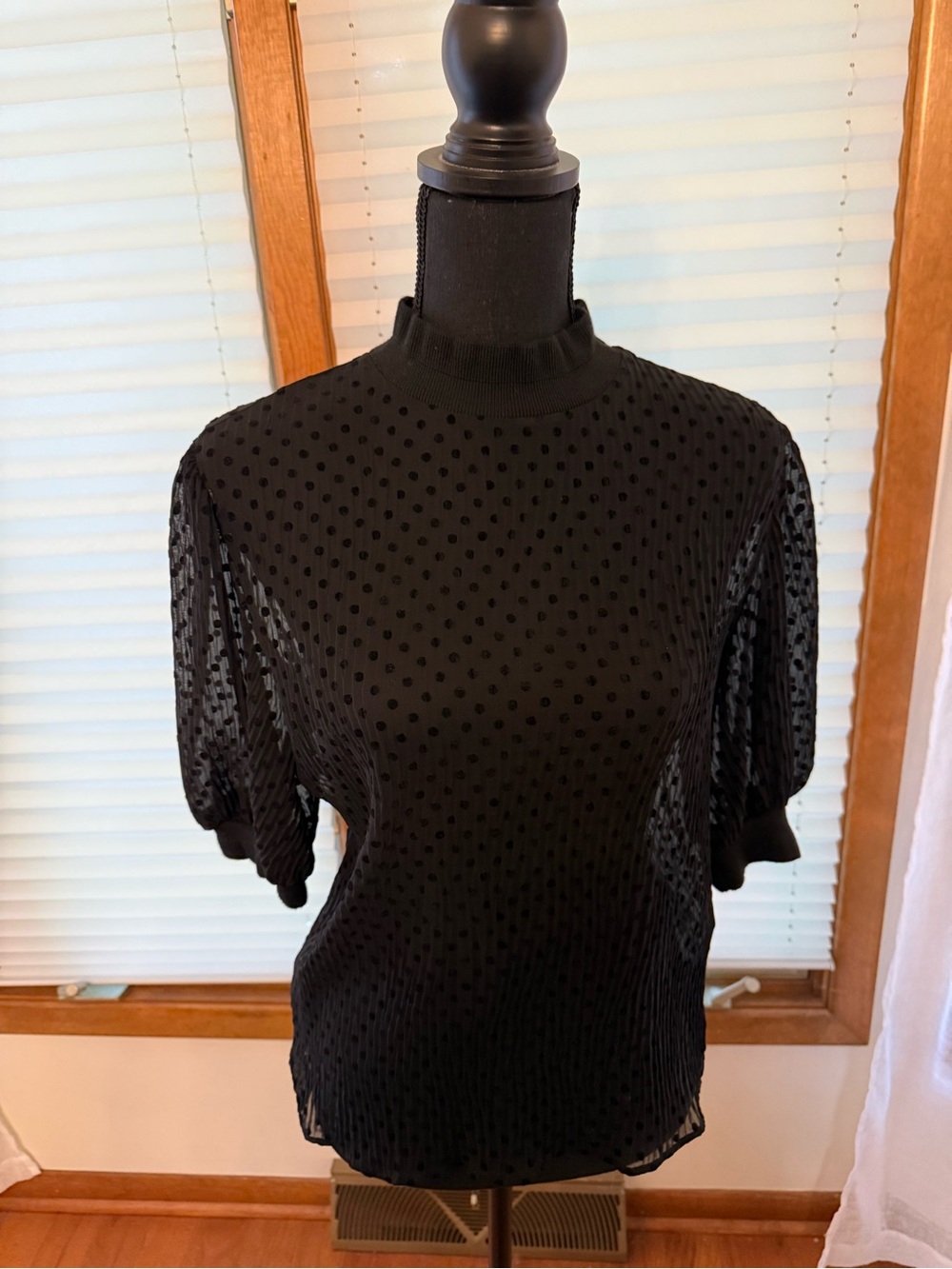 Black Dot-Textured Semi-Sheer Mock Neck Top from Zara